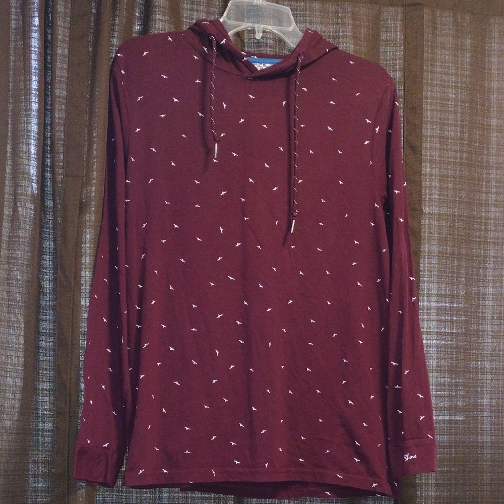 Denim & Flower Maroon Shirt Hoodie with Bird Pattern - Picture 2 of 7